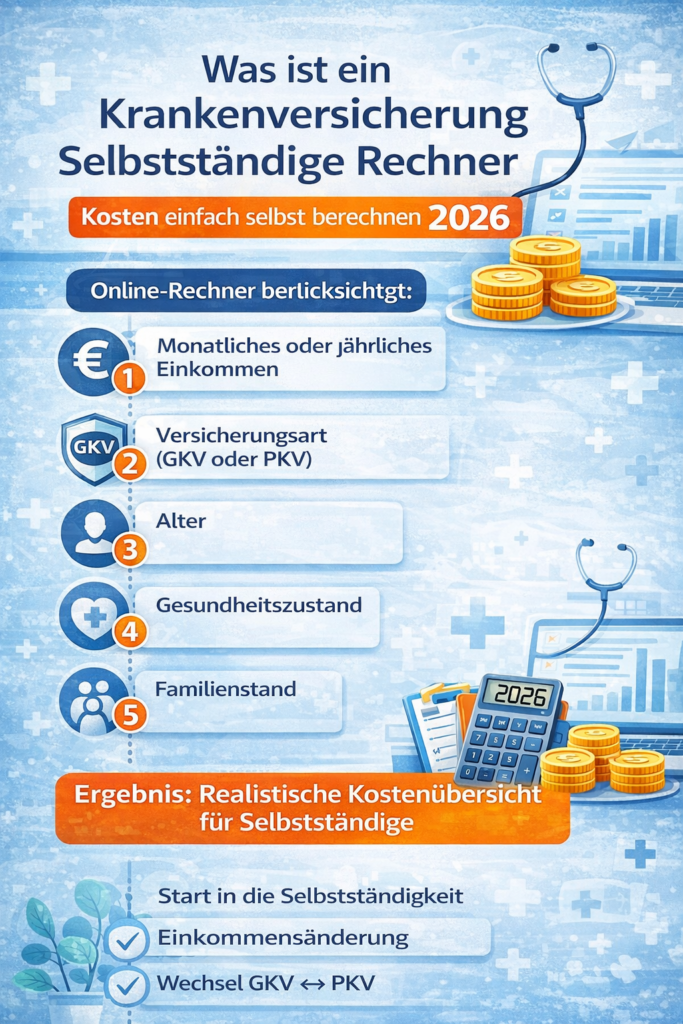 Was ist ein Krankenversicherung Rechner für Selbstständige – Infografik zu Einkommen, Versicherungsart (GKV oder PKV), Alter, Gesundheitszustand und Familienstand im Jahr 2026