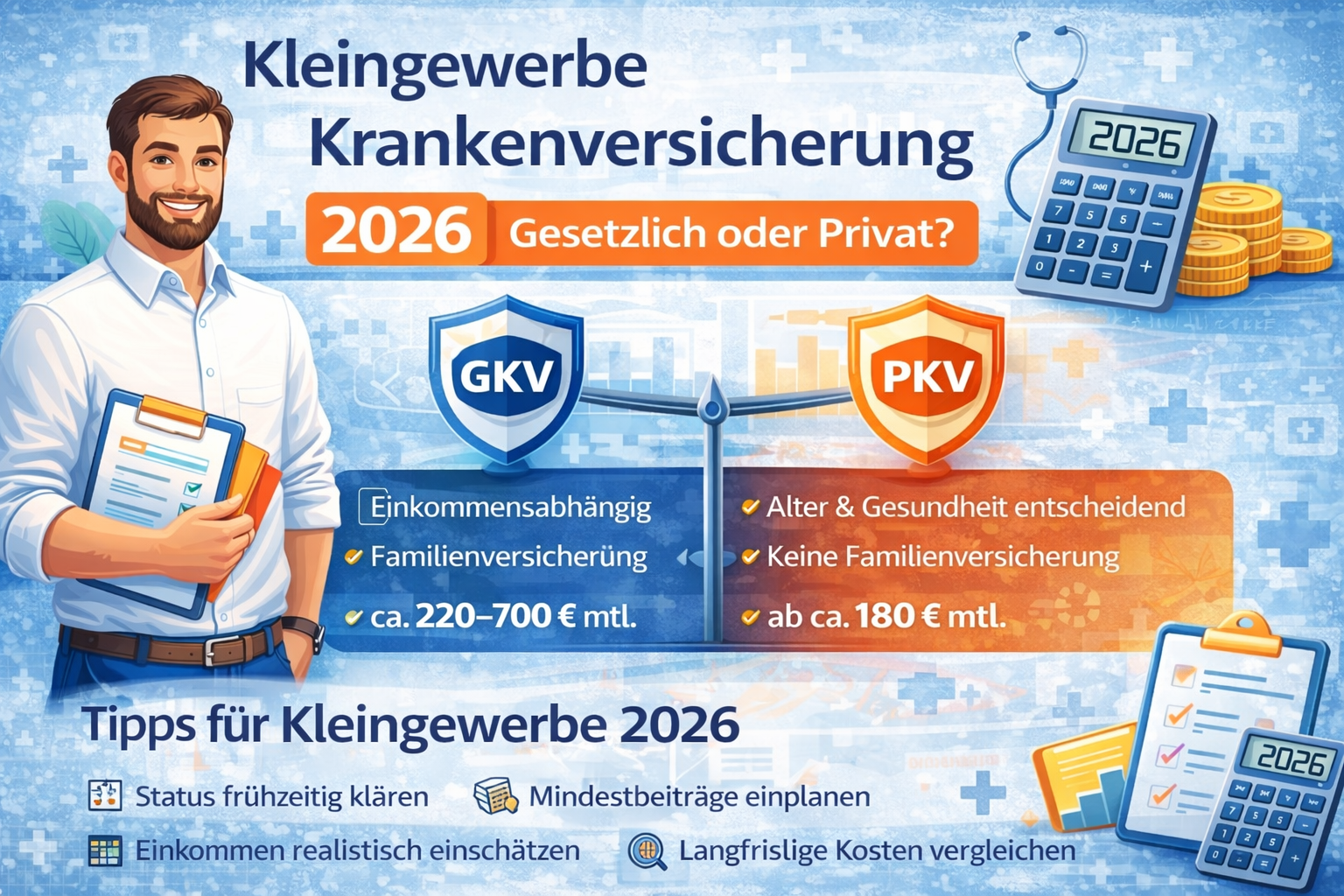 Kleingewerbe Krankenversicherung 2026 – Vergleich zwischen gesetzlicher (GKV) und privater Krankenversicherung (PKV) mit Kosten, Voraussetzungen und Tipps