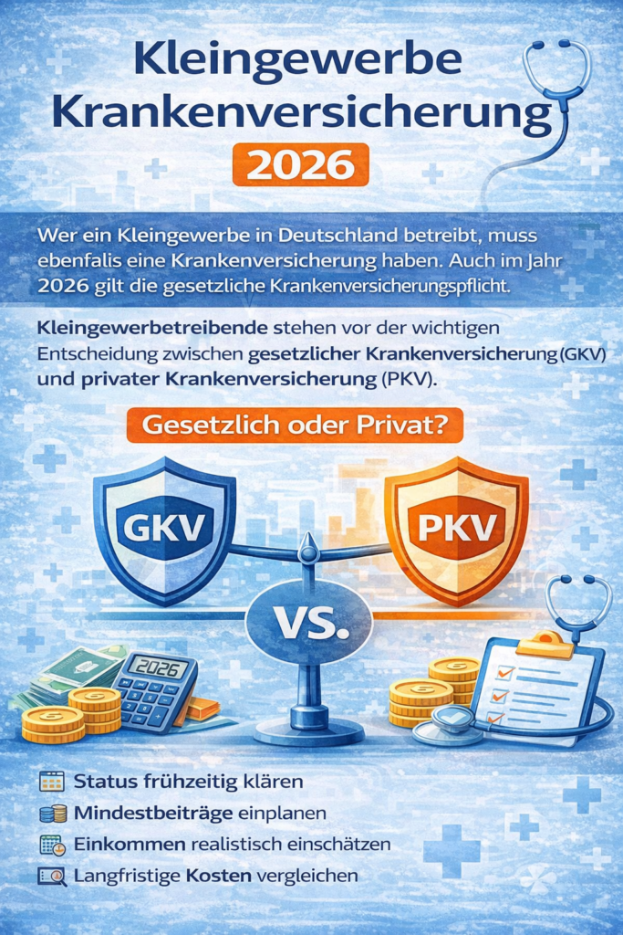 Kleingewerbe Krankenversicherung 2026 – Entscheidung zwischen gesetzlicher (GKV) und privater Krankenversicherung (PKV) für Kleingewerbetreibende in Deutschland