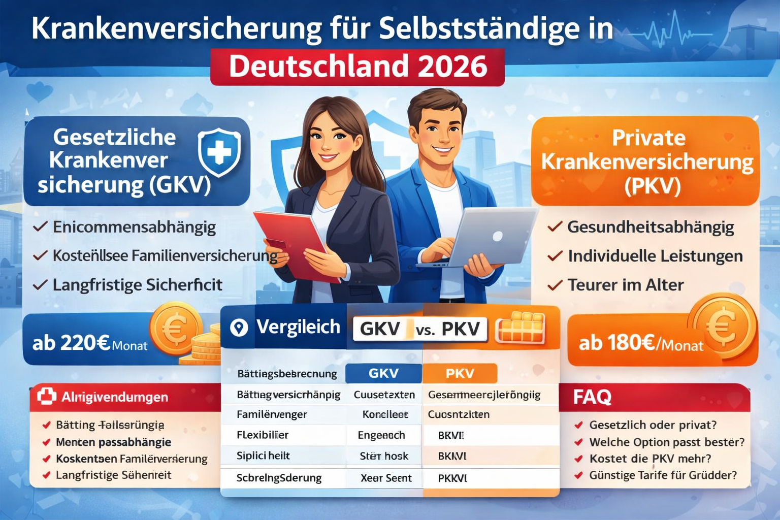 Krankenversicherung für Selbstständige in Deutschland 2026 – Vergleich zwischen gesetzlicher (GKV) und privater Krankenversicherung (PKV) mit Kosten, Vorteilen und Übersicht