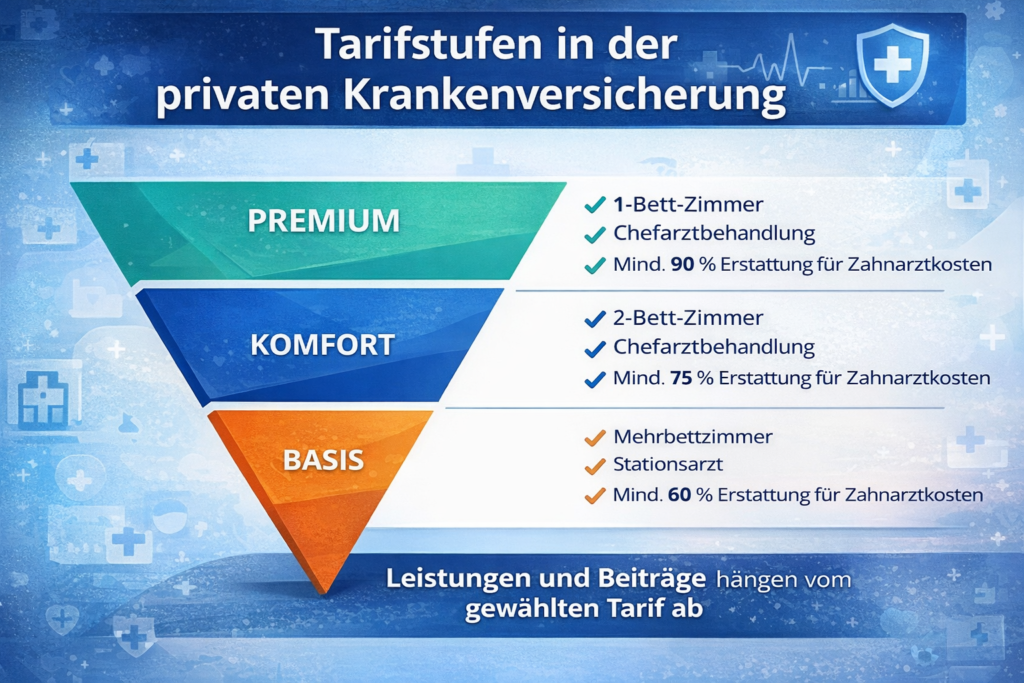 PKV Tarifstufen für Selbstständige 2026 – Basis, Komfort und Premium Krankenversicherung in Deutschland