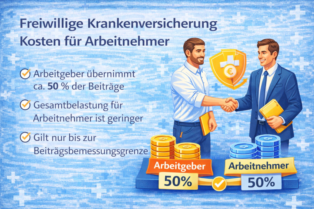 Freiwillige Krankenversicherung Kosten für Arbeitnehmer – Arbeitgeber übernimmt etwa 50 Prozent der Beiträge, geringere Kosten für Arbeitnehmer bis zur Beitragsbemessungsgrenze