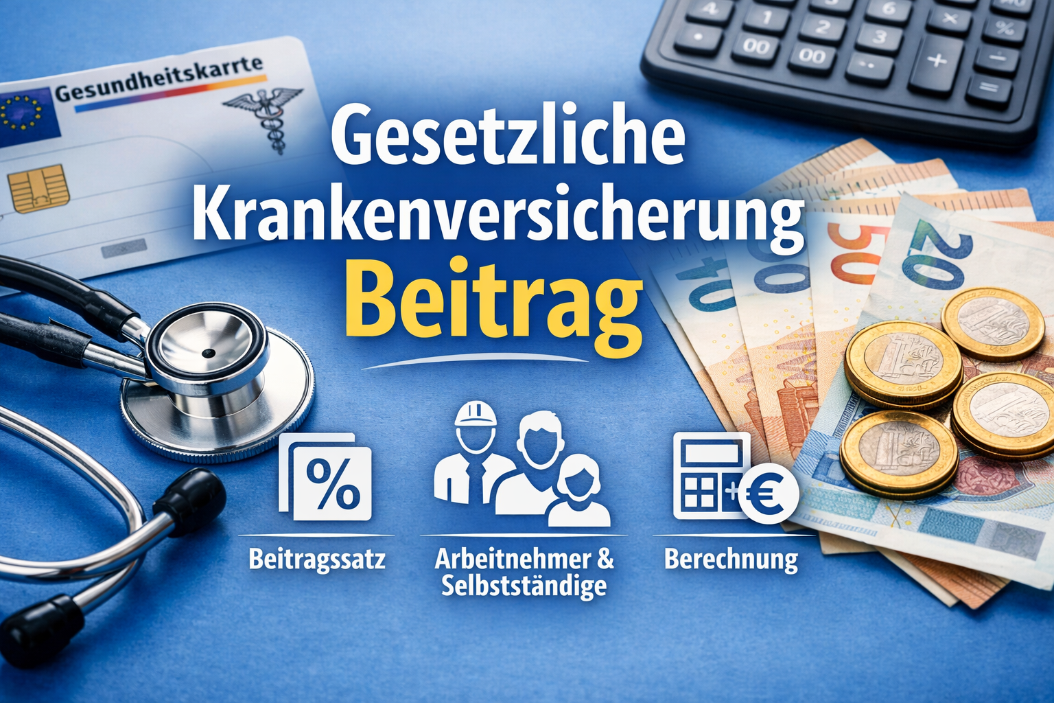 Gesetzliche Krankenversicherung Beitrag in Deutschland mit Gesundheitskarte, Stethoskop, Euro-Geld, Taschenrechner und Symbolen für Beitragssatz, Arbeitnehmer und Selbstständige.