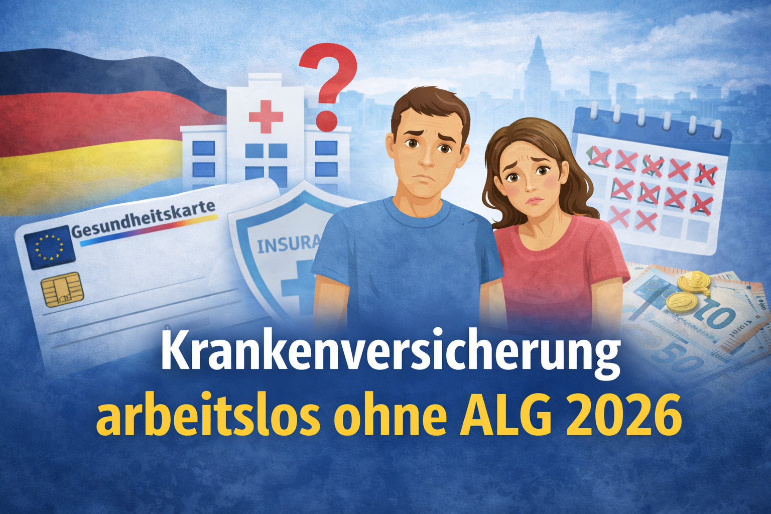 Krankenversicherung arbeitslos ohne ALG 2026 in Deutschland – Menschen ohne Einkommen mit Gesundheitskarte und Fragezeichen