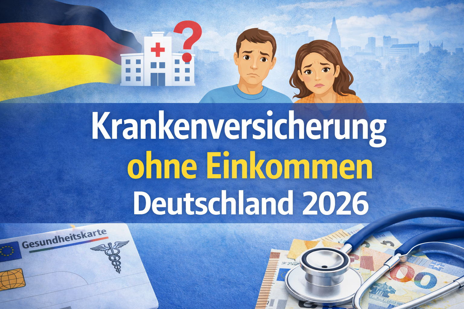 Krankenversicherung ohne Einkommen in Deutschland 2026 mit Gesundheitskarte, Euro-Geld, Stethoskop und Jobcenter-Dokumenten