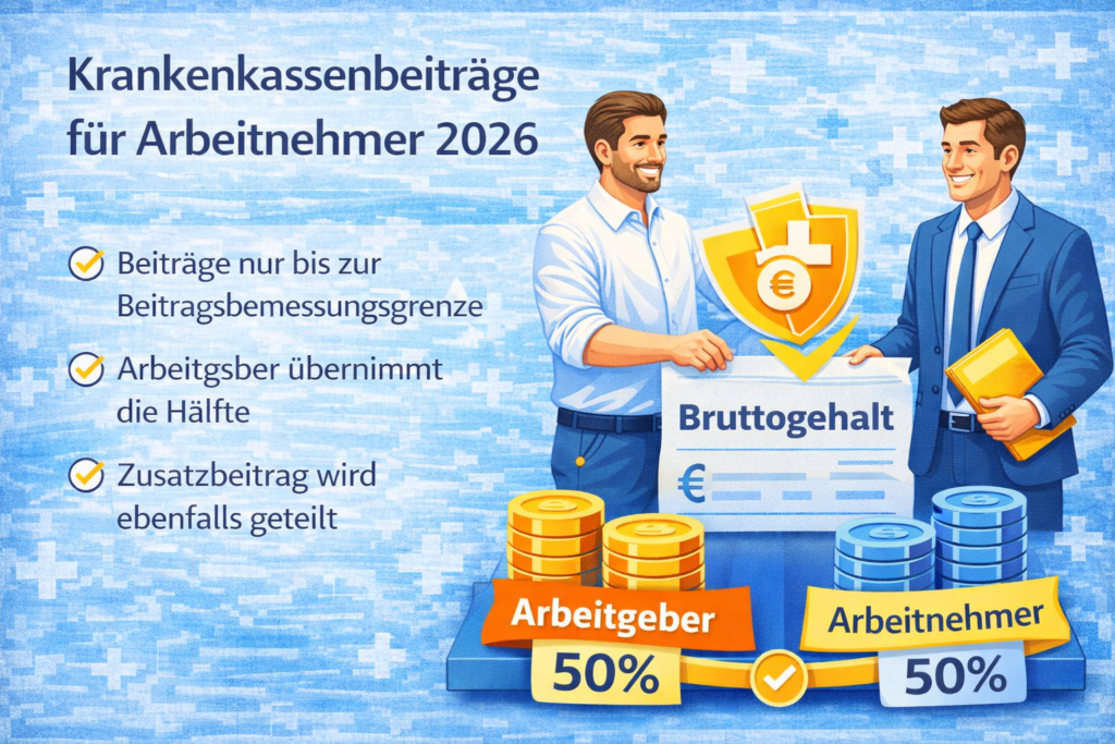 Krankenkassenbeiträge für Arbeitnehmer 2026 – Beiträge auf Basis des Bruttogehalts, Arbeitgeber und Arbeitnehmer teilen sich jeweils 50 Prozent bis zur Beitragsbemessungsgrenze