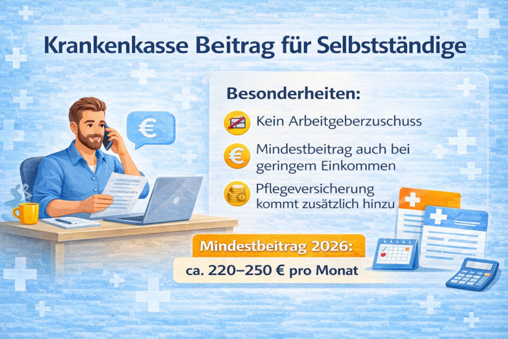 Krankenkasse Beitrag für Selbstständige 2026 – Kein Arbeitgeberzuschuss, Mindestbeitrag auch bei geringem Einkommen und zusätzliche Pflegeversicherung in Deutschland