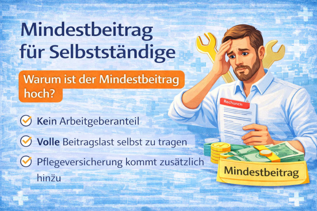 Mindestbeitrag Krankenversicherung für Selbstständige – Gründe für den hohen Mindestbeitrag wie kein Arbeitgeberanteil, volle Beitragslast und zusätzliche Pflegeversicherung (2026)