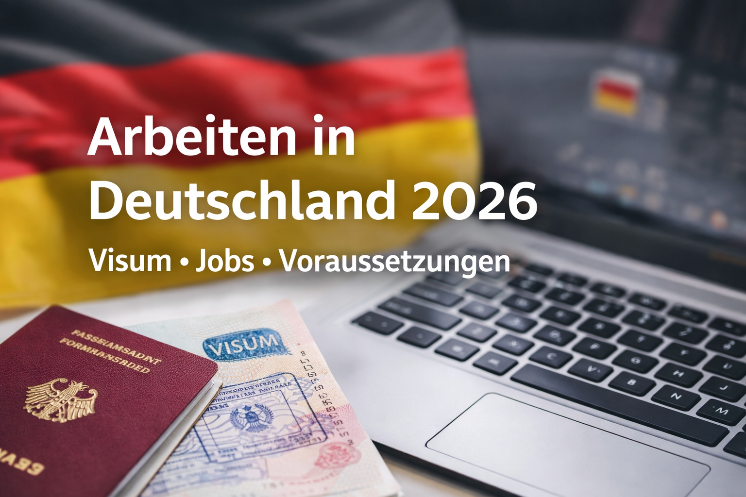 Arbeiten in Deutschland 2026 – Arbeitsvisum, Jobs und Voraussetzungen mit Deutschland Flagge, Pass und Laptop
