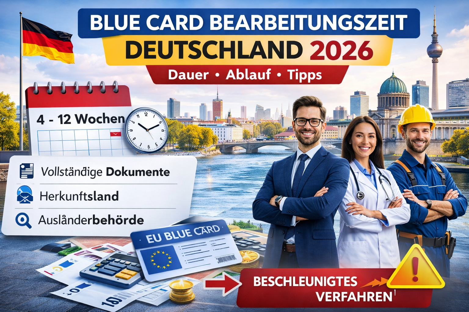 Infografik zur Blue Card Bearbeitungszeit 2026 in Deutschland mit Angabe 4–12 Wochen, EU Blue Card, Kalender, Deutschland-Flagge und Hinweisen zu Dokumenten, Ausländerbehörde und beschleunigtem Verfahren.