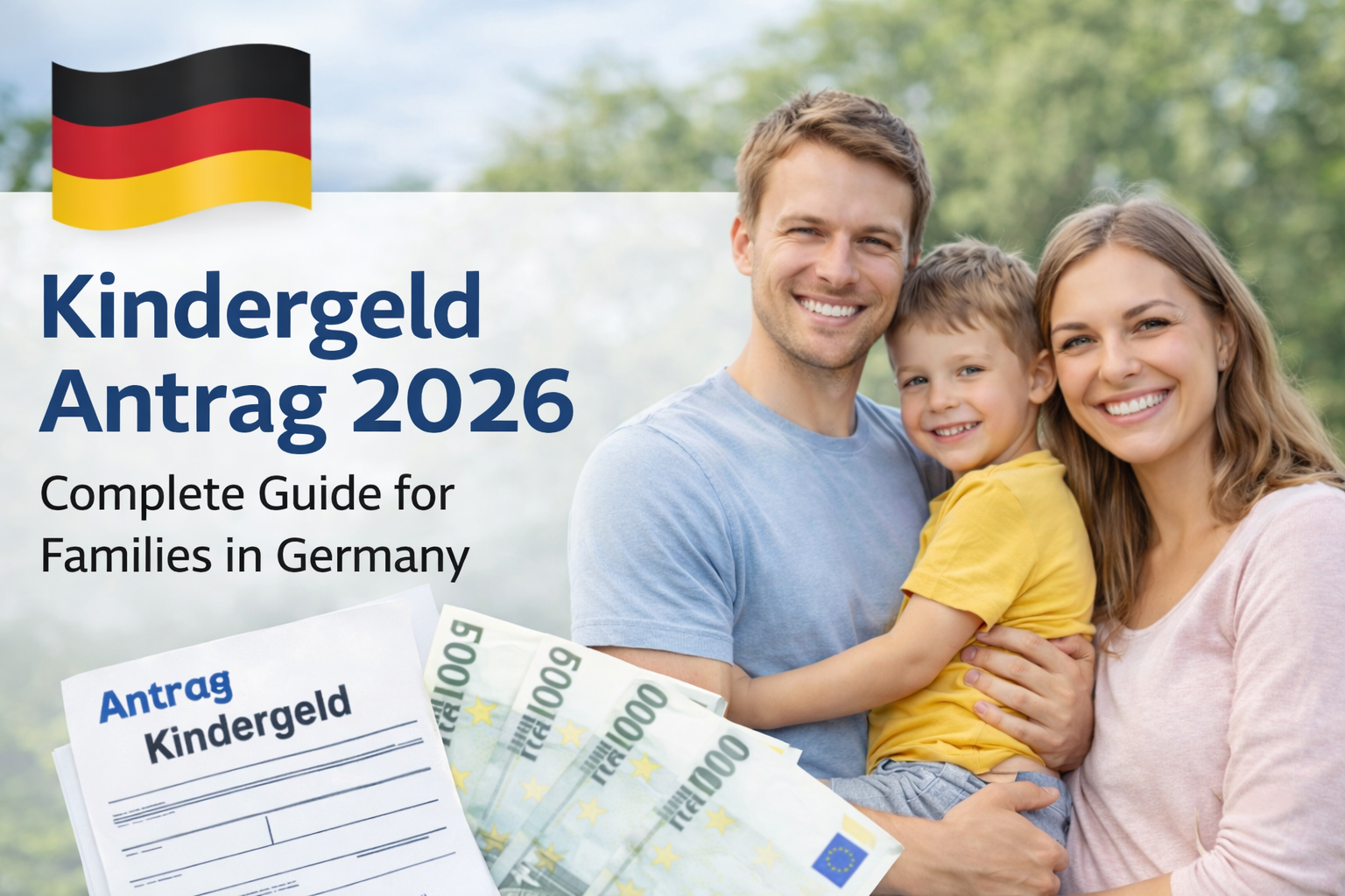 Smiling family with child, German flag, Kindergeld Antrag form, and euro banknotes illustrating Kindergeld Antrag 2026 in Germany.