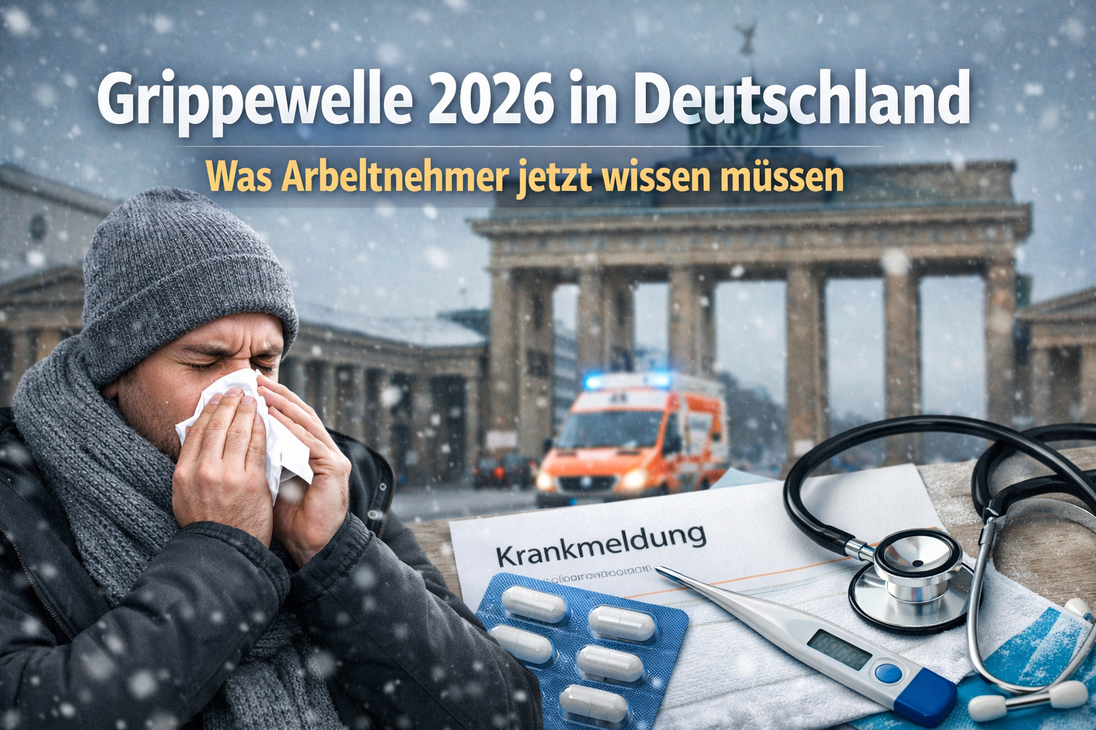 Grippewelle 2026 in Deutschland: Erkälteter Mann mit Taschentuch vor dem Brandenburger Tor im Schnee, daneben Krankmeldung, Thermometer und Stethoskop – Symbolbild für Krankheit am Arbeitsplatz.