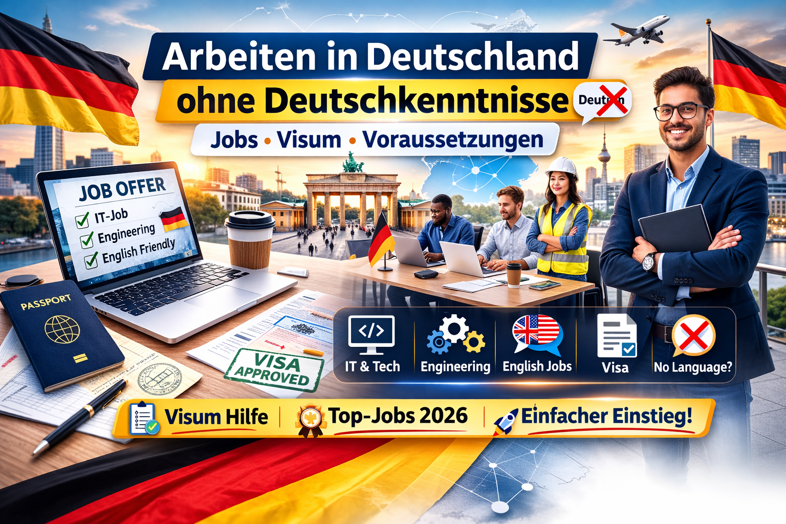 Arbeiten in Deutschland ohne Deutschkenntnisse – Jobs, Visum und Voraussetzungen 2026 mit Deutschland Flagge und Berufsszenen