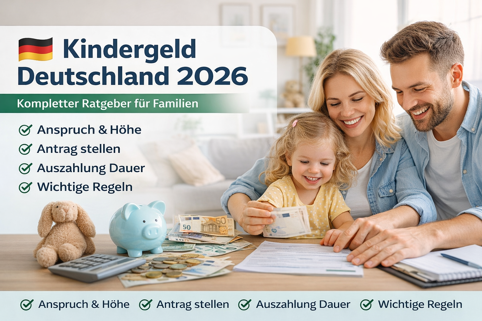 Smiling German family with a child reviewing documents and euro banknotes at home, with graphic text about Kindergeld Deutschland 2026 including eligibility, application, payment duration, and important rules.