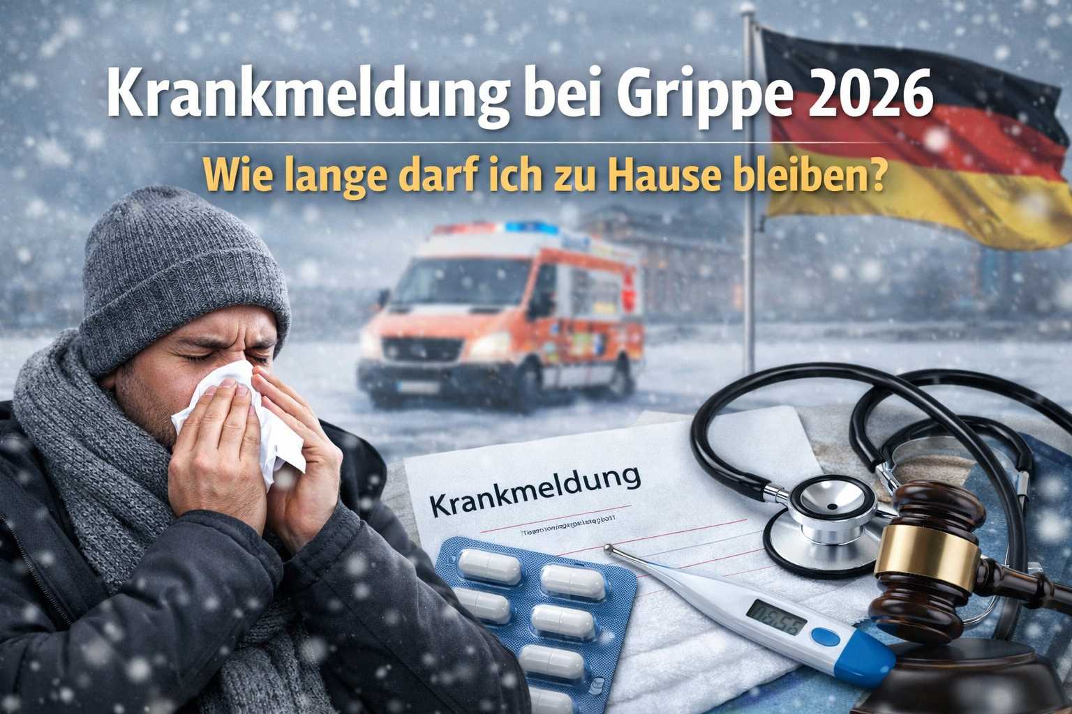 Krankmeldung bei Grippe 2026: Kranker Mann mit Taschentuch im Schnee, deutsche Flagge im Hintergrund, dazu Krankmeldung, Thermometer, Tabletten, Stethoskop und Richterhammer – Symbolbild für Arbeitsrecht und Krankheit.