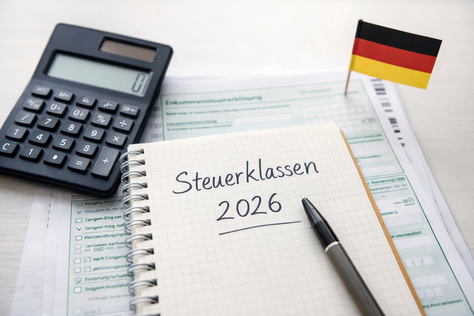 Close-up of a desk with a calculator, German tax form, notebook labeled “Steuerklassen 2026,” pen, and small German flag in natural light.