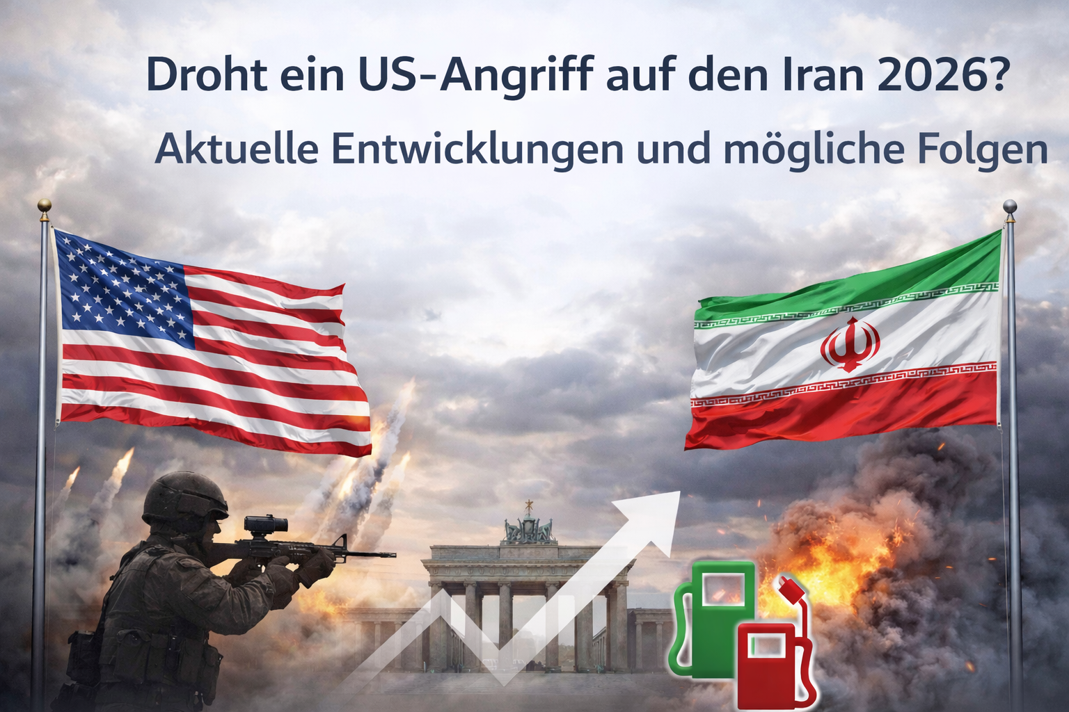 US- und Iran-Flaggen vor dramatischem Himmel, Explosion im Hintergrund und Brandenburger Tor – Symbolbild zur Frage eines möglichen US-Angriffs auf den Iran 2026 und den Folgen für Deutschland.