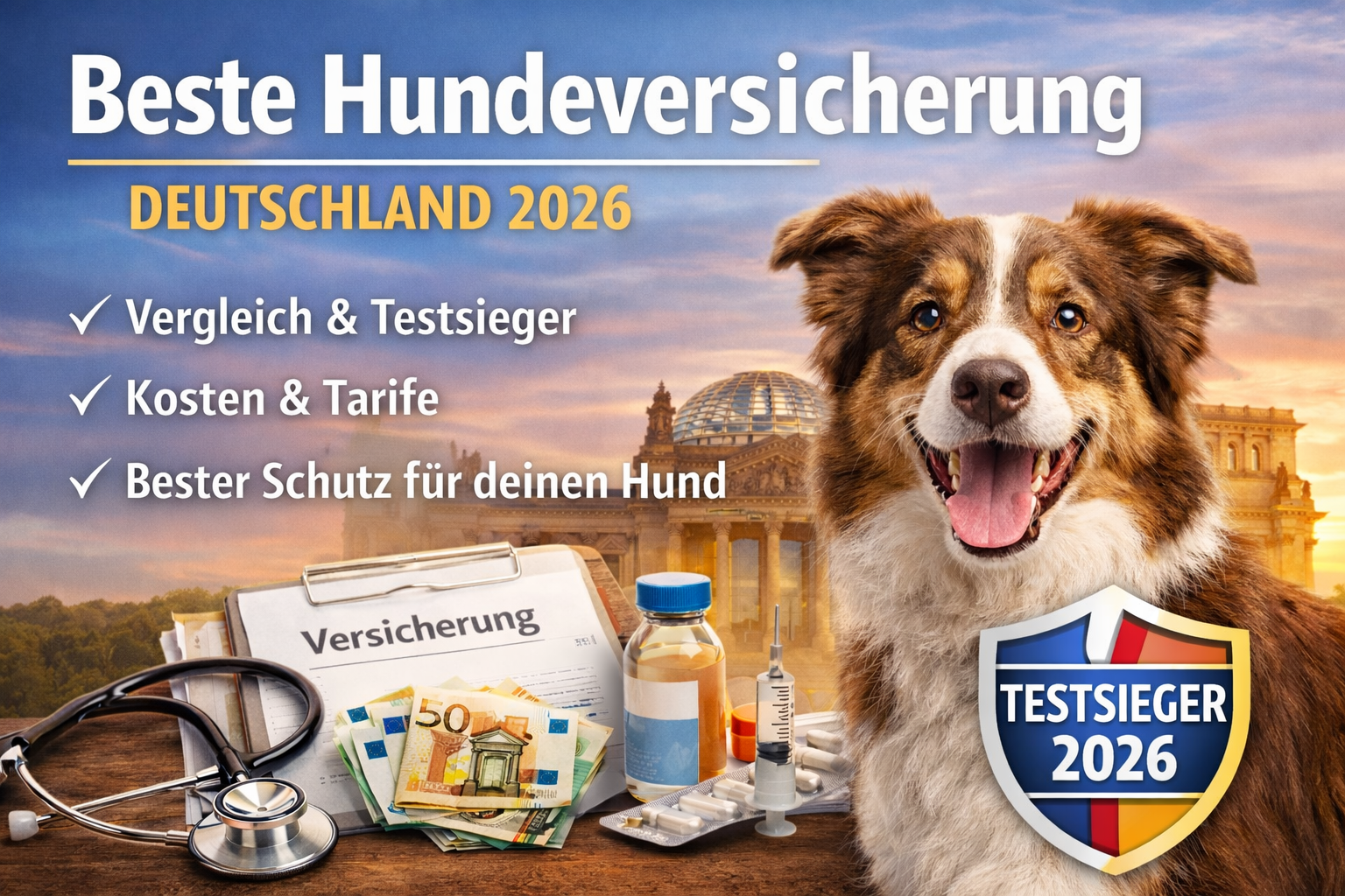 Featurebild zur besten Hundeversicherung Deutschland 2026 mit fröhlichem Hund vor dem Reichstag in Berlin, Versicherungsunterlagen, Stethoskop, Medikamenten und Euro-Banknoten sowie Testsieger 2026 Siegel als Symbol für Vergleich, Kosten und optimalen Schutz.
