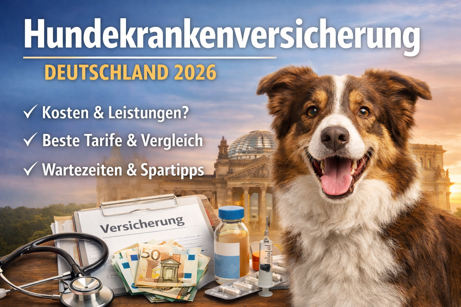 Featurebild zur Hundekrankenversicherung Deutschland 2026 mit lächelndem Hund vor dem Reichstag in Berlin sowie Versicherungsunterlagen, Stethoskop, Medikamenten und Euro-Geldscheinen als Symbol für Kosten, Leistungen und Tarifvergleich.