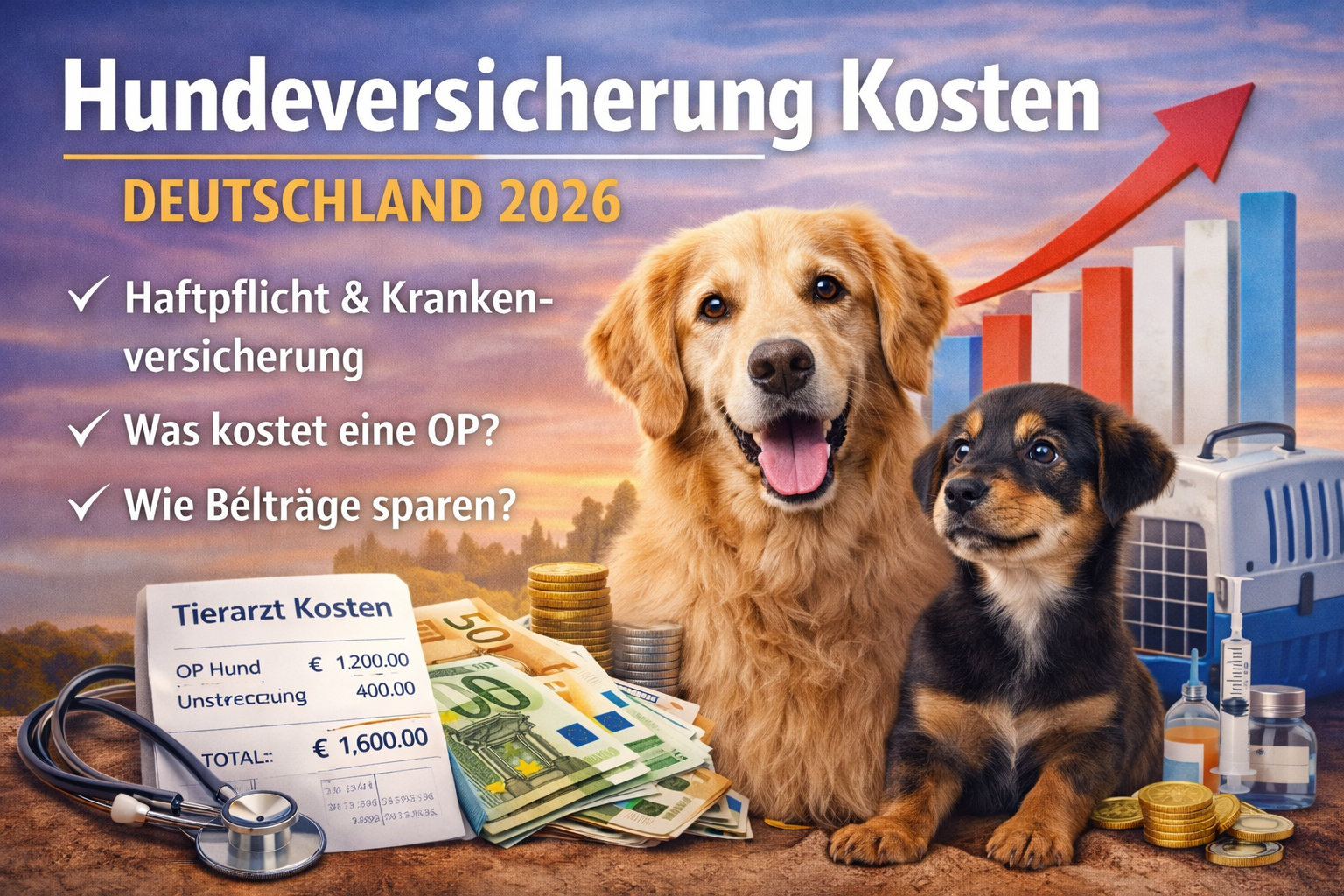 Alternatives Featurebild zu Hundeversicherung Kosten Deutschland 2026 mit Golden Retriever und Welpe, Tierarztrechnung, Euro-Banknoten, Münzen, Stethoskop und steigender Kosten-Grafik als Symbol für Kranken-, OP- und Haftpflichtversicherung.