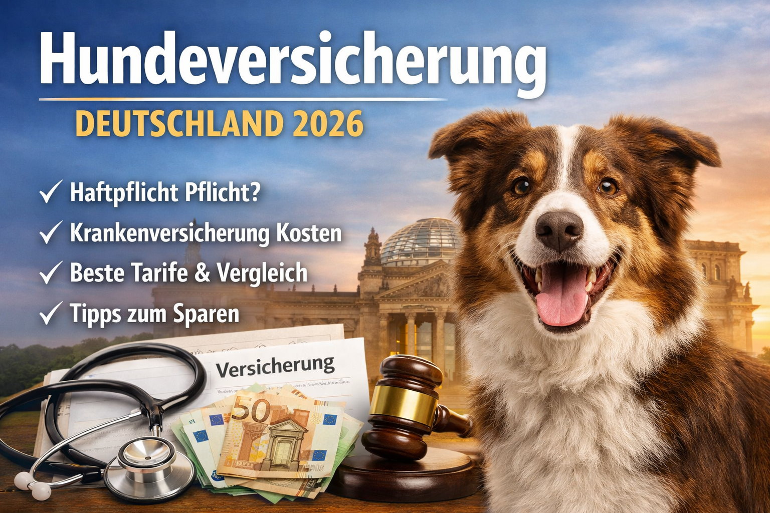 Hundeversicherung Deutschland 2026 Featurebild mit glücklichem Hund vor dem Reichstag in Berlin sowie Stethoskop, Versicherungsunterlagen, Richterhammer und Euro-Geldscheinen als Symbol für Haftpflicht, Krankenversicherung und Kostenvergleich.
